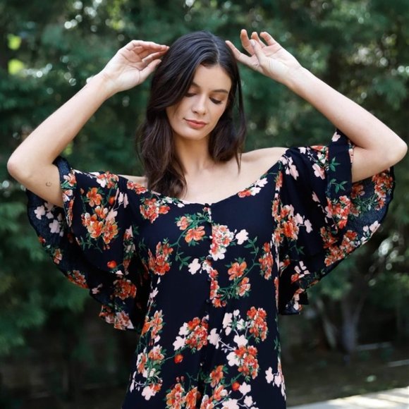 Floral Print Off-The-Shoulder Flare Sleeve Back Tie Detail Wide Leg Jumpsuit - Picture 3 of 6